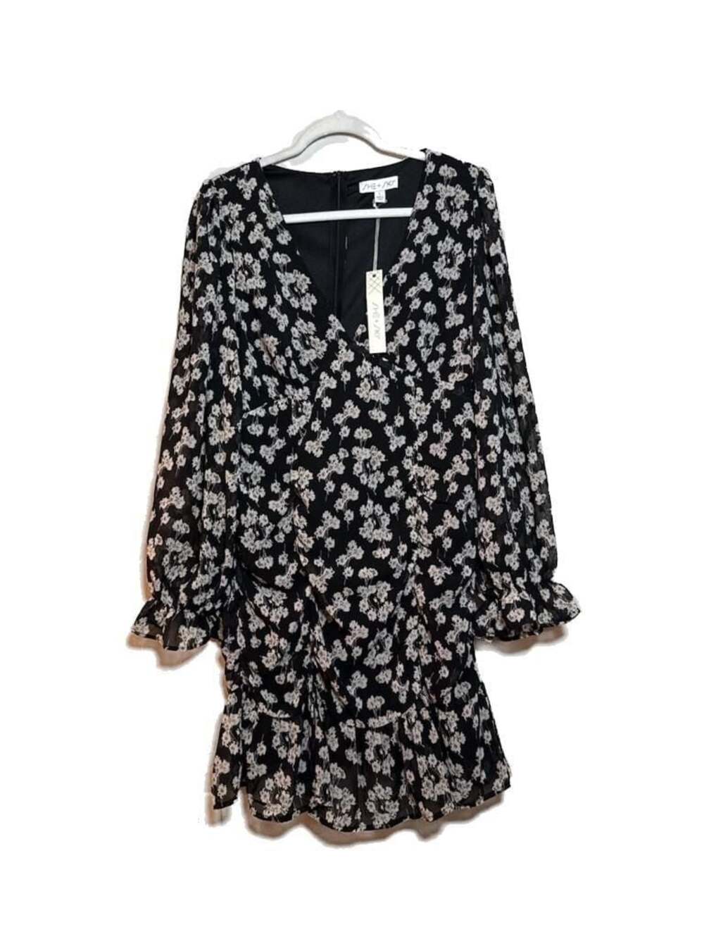 L SHE+SKY Black and White Floral Long Sleeve Ruffle Mini Dress